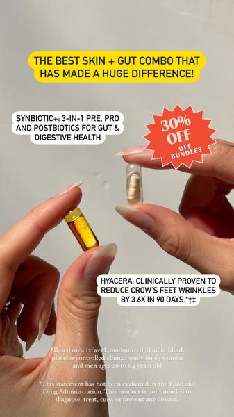 A 9:16 mobile creative showcasing two supplement capsules held by hand, highlighting distinct gut and skin health benefits with clear promotional messaging.